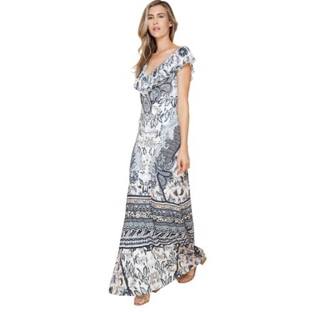 Hale Bob Womens Margo Ruffle Dress Beige Paisley Floral V-Neck Sleeveless Maxi M